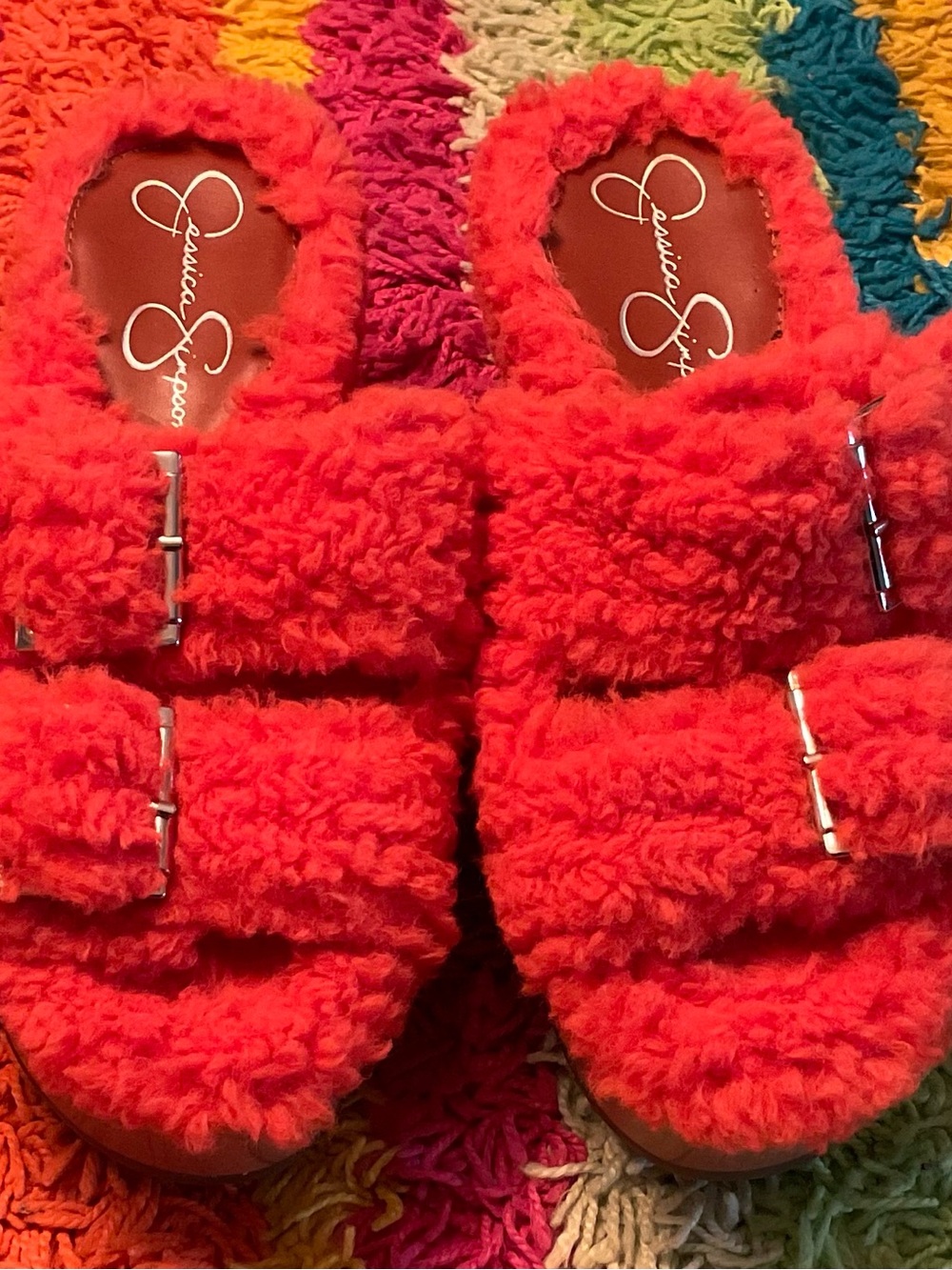 Jessica Simpson Coral-Red Fuzzy Slide Sandals